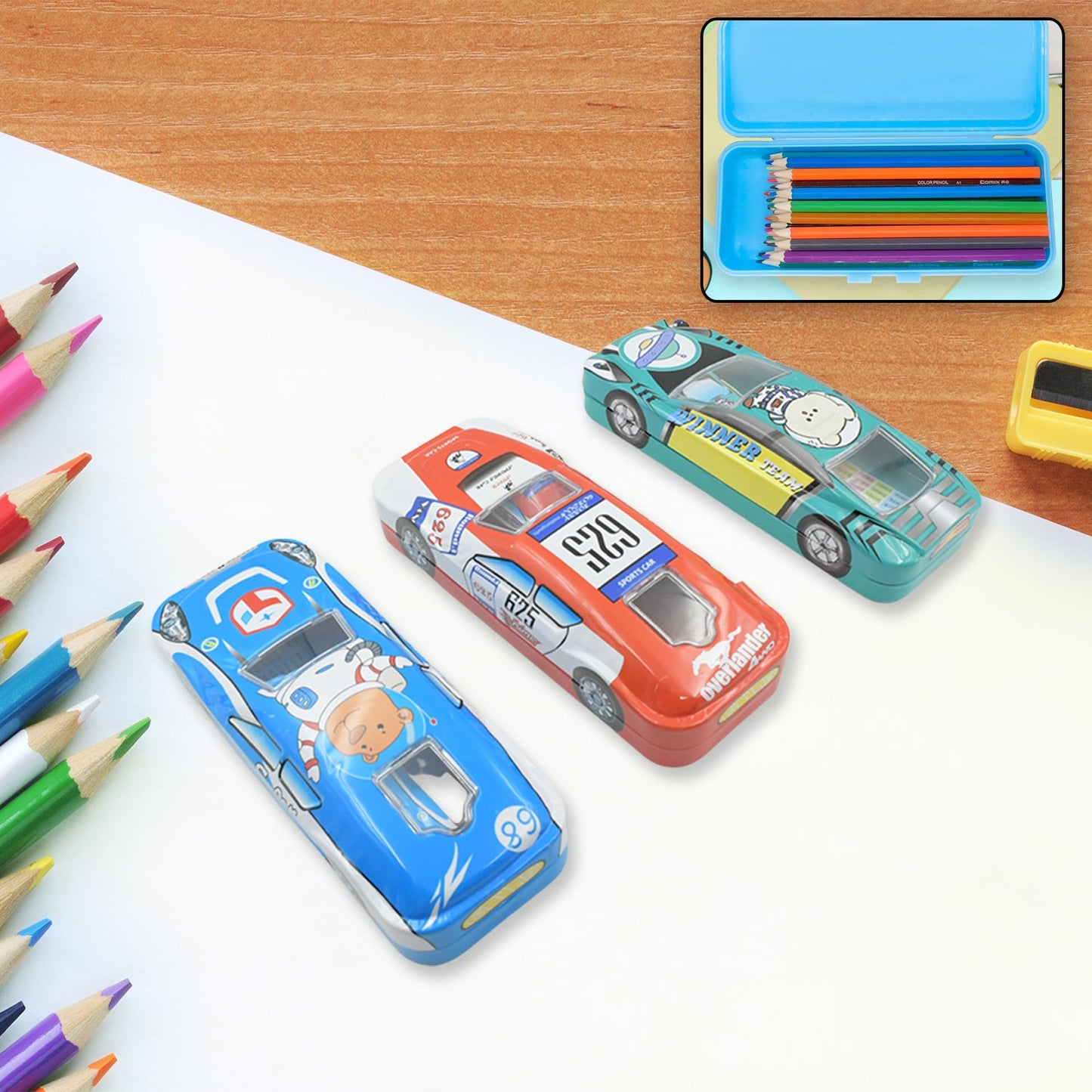 Car Shape Metal Compass Box With Small Compass Box Inside, Pencil Case for Kids Stationery Compass Box, Stationery Gift for School Kids Compass, Pencil Box, Birthday Return Gift for Kids (1 Pc Mix Color)