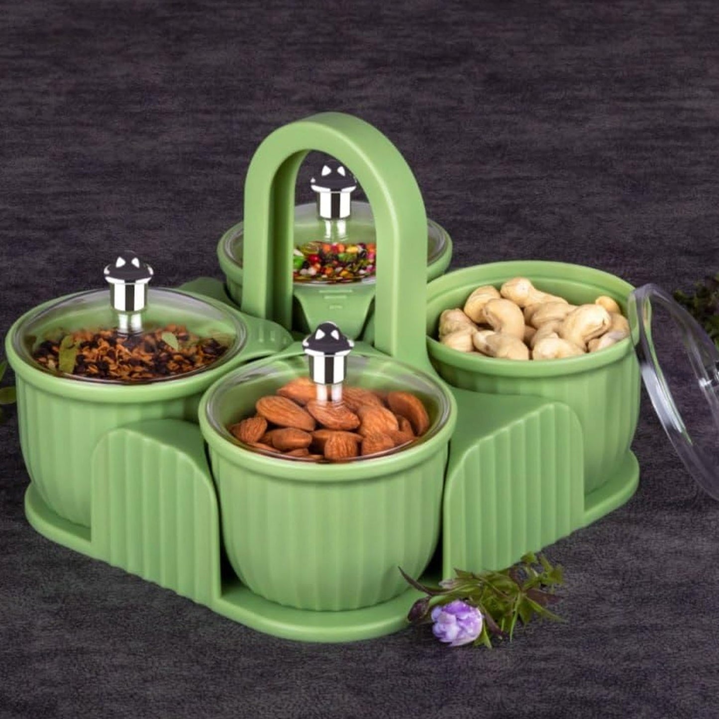 Multipurpose Jar Dryfruit Set, Candy, Chocolate, Snacks Storage Jar, Masala Jar for Home and Kitchen Airtight Dry Fruit Plastic Storage Container Tray Set With Lid & 4 Serving Jar Container for Sweets,Chips,Cookies|(4 Pc Set)