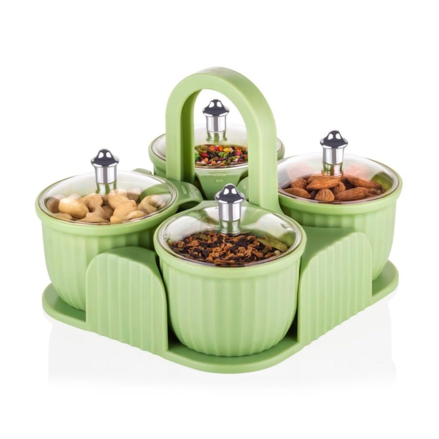 Multipurpose Jar Dryfruit Set, Candy, Chocolate, Snacks Storage Jar, Masala Jar for Home and Kitchen Airtight Dry Fruit Plastic Storage Container Tray Set With Lid & 4 Serving Jar Container for Sweets,Chips,Cookies|(4 Pc Set)
