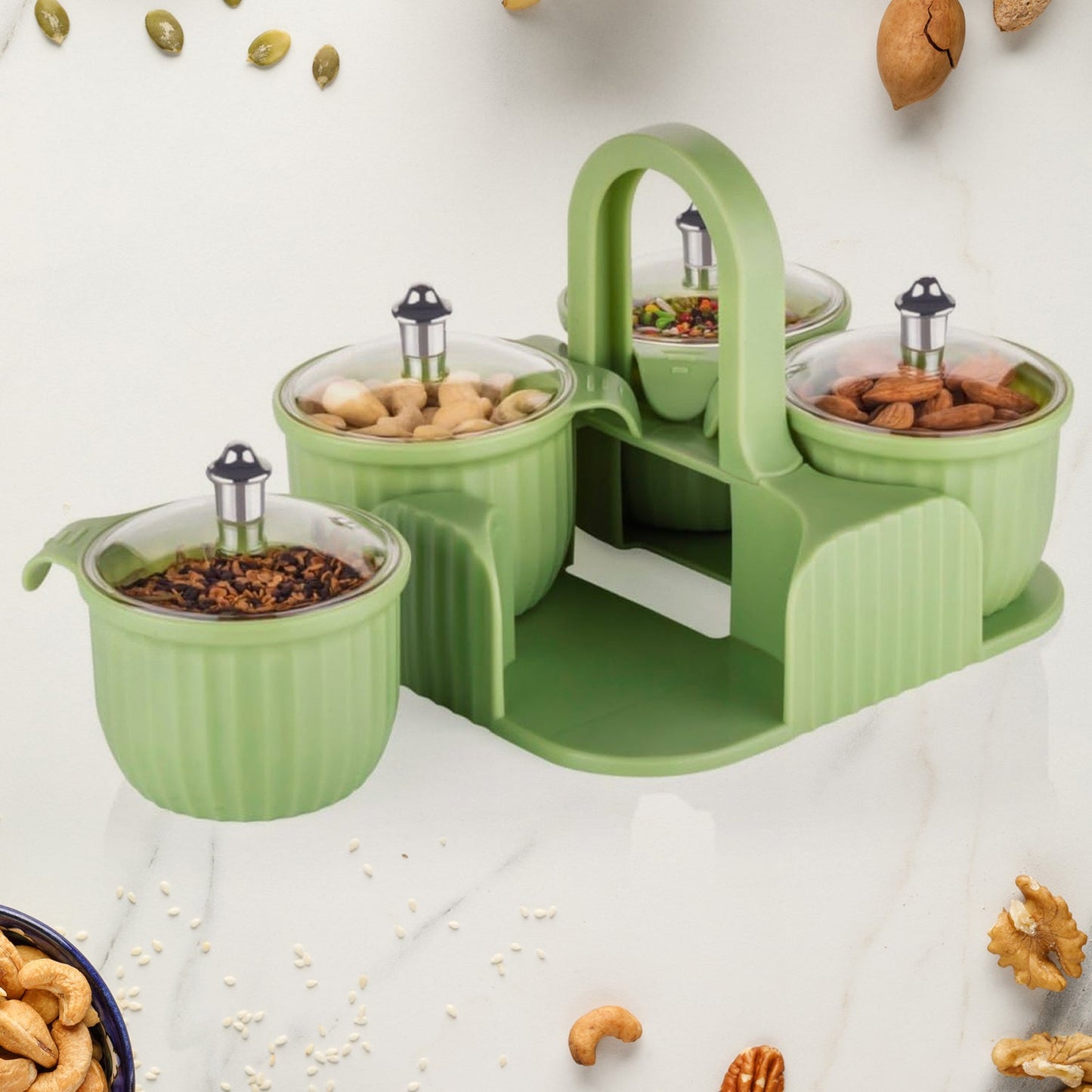Multipurpose Jar Dryfruit Set, Candy, Chocolate, Snacks Storage Jar, Masala Jar for Home and Kitchen Airtight Dry Fruit Plastic Storage Container Tray Set With Lid & 4 Serving Jar Container for Sweets,Chips,Cookies|(4 Pc Set)