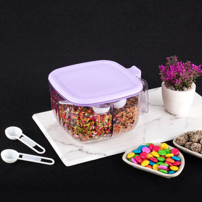 Multipurpose Dry fruit Set, Chocolate, Snacks Storage Box, Masala Box  for Home and Kitchen Airtight Dry Fruit Plastic Storage Container Tray Set With Lid & 4 Compartment, 4 Spoon Container for Sweets,Chips,Cookies | (1 Pc )