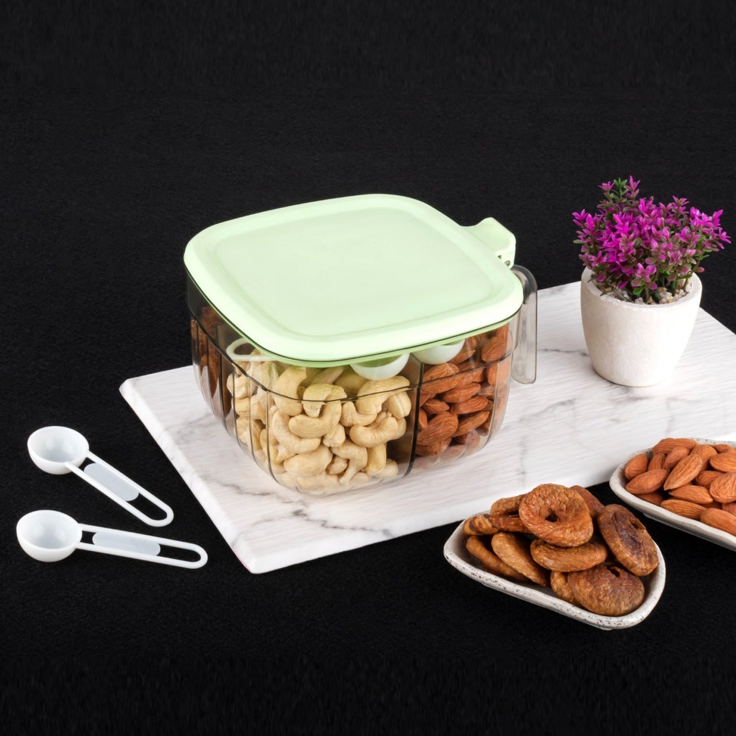 Multipurpose Dry fruit Set, Chocolate, Snacks Storage Box, Masala Box  for Home and Kitchen Airtight Dry Fruit Plastic Storage Container Tray Set With Lid & 4 Compartment, 4 Spoon Container for Sweets,Chips,Cookies | (1 Pc )