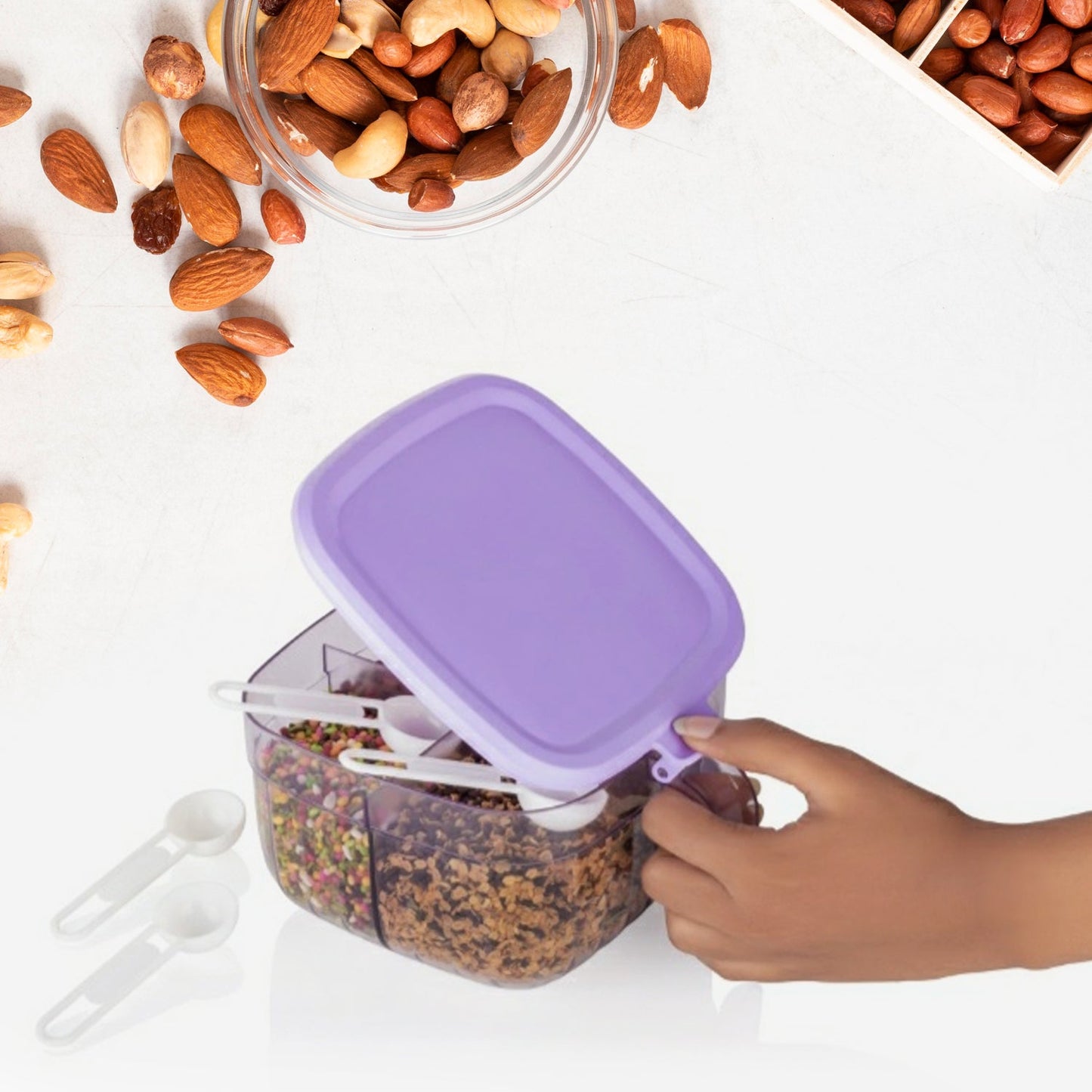 Multipurpose Dry fruit Set, Chocolate, Snacks Storage Box, Masala Box  for Home and Kitchen Airtight Dry Fruit Plastic Storage Container Tray Set With Lid & 4 Compartment, 4 Spoon Container for Sweets,Chips,Cookies | (1 Pc )