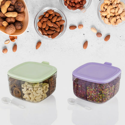 Multipurpose Dry fruit Set, Chocolate, Snacks Storage Box, Masala Box  for Home and Kitchen Airtight Dry Fruit Plastic Storage Container Tray Set With Lid & 4 Compartment, 4 Spoon Container for Sweets,Chips,Cookies | (1 Pc )