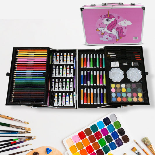 Professional Art Set-Drawing Painting Sketching Coloring Kids Set All in 1 Art Case Perfect for Kids with Unicorn Design Case, Shading Crayons Oil Pastels Color Set Watercolor Cakes Paint Brush Sharpener Eraser (145 Pcs Set)