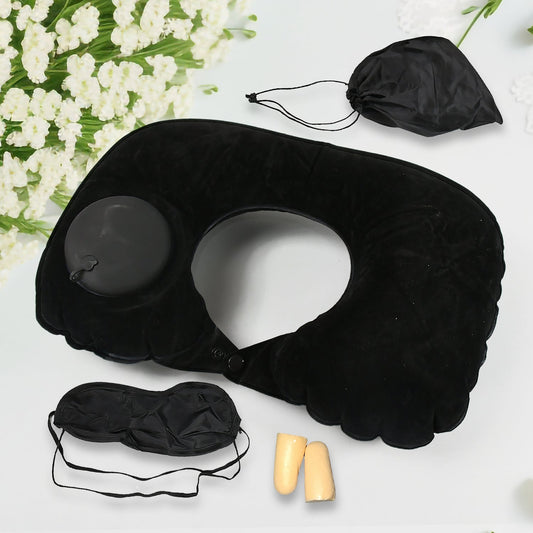 3 in 1 Comfortable Travel Sleeping Kit, Neck Pillow, Eye Mask & Ear Plug Set Inflatable Plane Sleeping Pillow Head Neck Support Pillows for Travel Airplane Office, Black