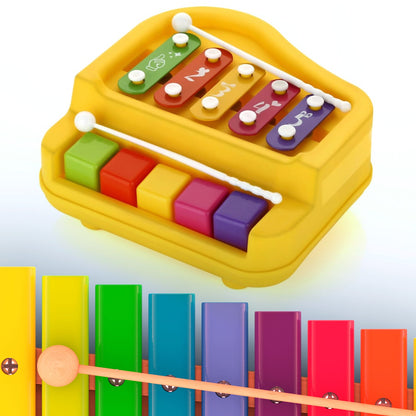 Baby Piano Xylophone 2 in 1 Toy for Toddlers, 5 Multicolored Key Keyboard Xylophone Piano, Preschool Educational Musical Learning Instruments Toy for Baby Kids Girls Boys 3+ Years (1 Pc)