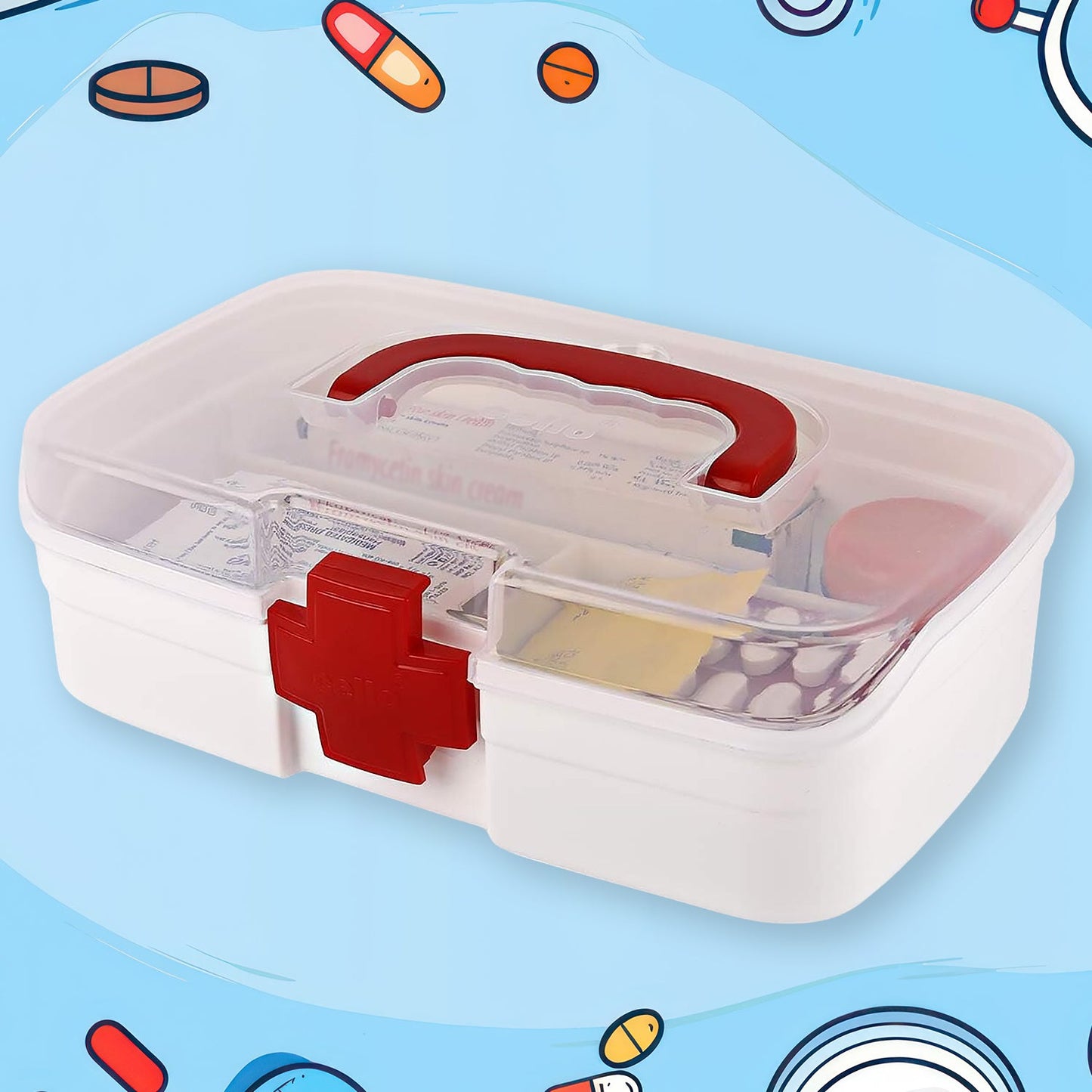 3 Compartment Medical Box, 1 Piece, Indoor Outdoor Medical Utility, Medicine Storage Box, Detachable Tray Medical Box Multi Purpose Regular Medicine, First Aid Box with Handle, Transparent Lid & Color Box 