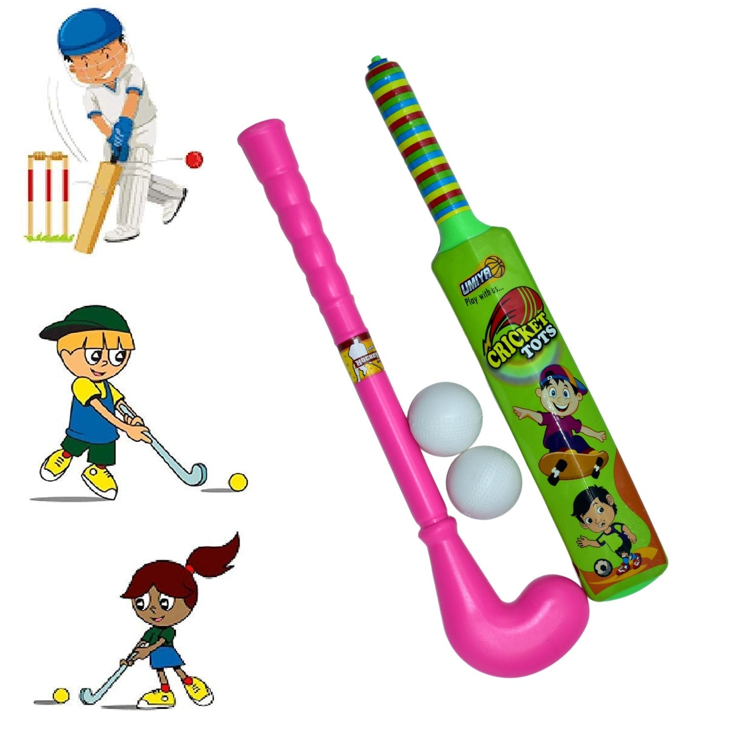 8002 Combo of Light Weight Plastic Bat, Ball & Hockey for Kids, Boys, Indoor, Outdoor Play 