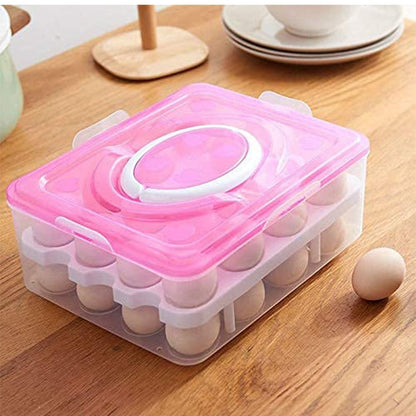 2Layer, 32 Grid Egg Tray with Lid Egg Carrier Holder for Refrigerator, Camping Food Storage Container with Handle (1 Pc )