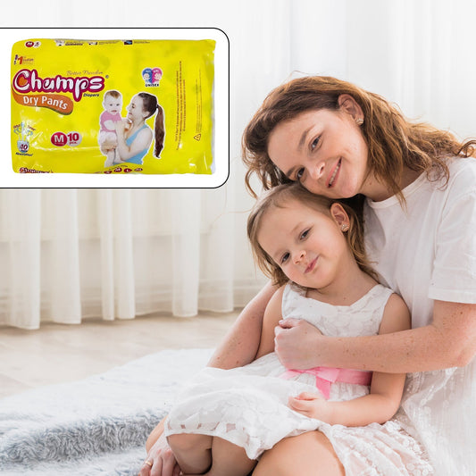 Medium Champs Dry Pants Style Diaper - Medium (10 pcs) Best for Travel  Absorption, Champs Baby Diapers, Champs Soft and Dry Baby Diaper Pants (M, 10 Pcs )