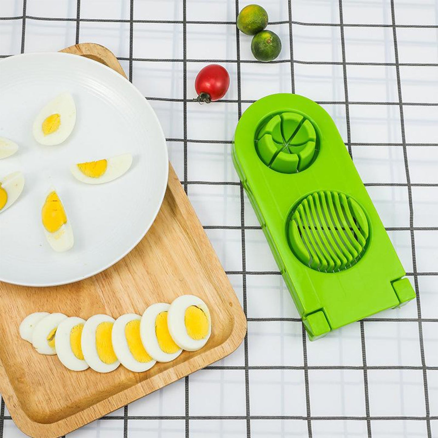 2006 2 in 1 Double Cut Boiled Egg cutter with stainless steel wire for easy slicing of boiled eggs. 