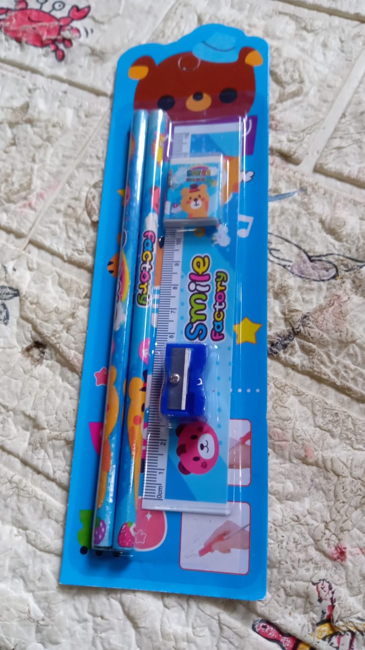 Mix Design Cartoon Wooden Pencil Set, Stationary Set 5 in 1 Items Educational Item for School Going Kids, Stationary Set for Girls Boys/Stationary for School/Gift Pack for Girls Kids/Birthday Gift Kids (5 Pc Set )