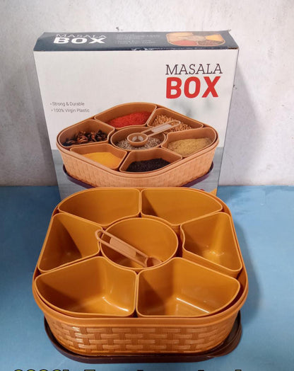 Masala Box for Keeping Spices, Spice Box for Kitchen, Masala Container, Plastic Wooden Style, 7 Sections (Multi Color).