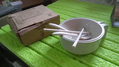 Rice Bowl Noodle 1 Bowl with 1 Lid and Handle Wheat Straw Noodle Bowls with Wheat Straw 1 Fork, 2 Chopsticks, 1 Spoon for Soup Salad Cooker Snack Set (6 Pcs Set)